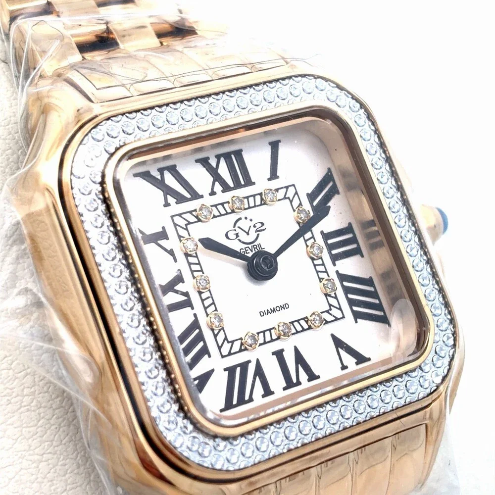 Gevril Milan Gold Plated Diamond Bezel Quartz White Dial 12112B Ladies Watch